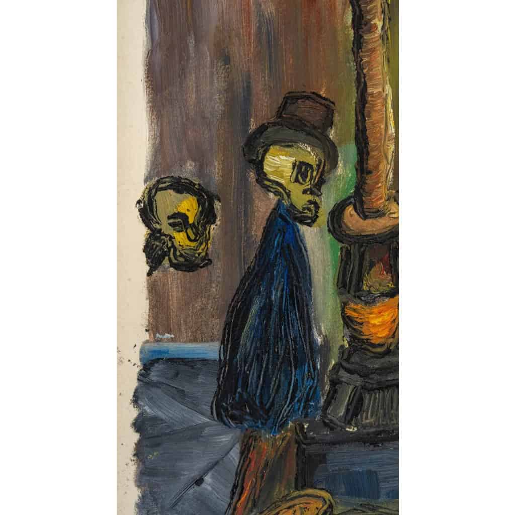 Personnage près d’un Poêle à bois, Huile sur Papier, XX siècle. | Biron Personnage près d'un Poêle à bois, Huile sur Papier, XX siècle.