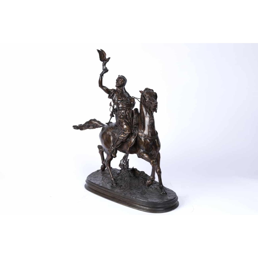 19th century orientalist bronze « The Arab falconer on horseback » By Pierre-Jules Mêne (1810-1979) | Biron ||||||