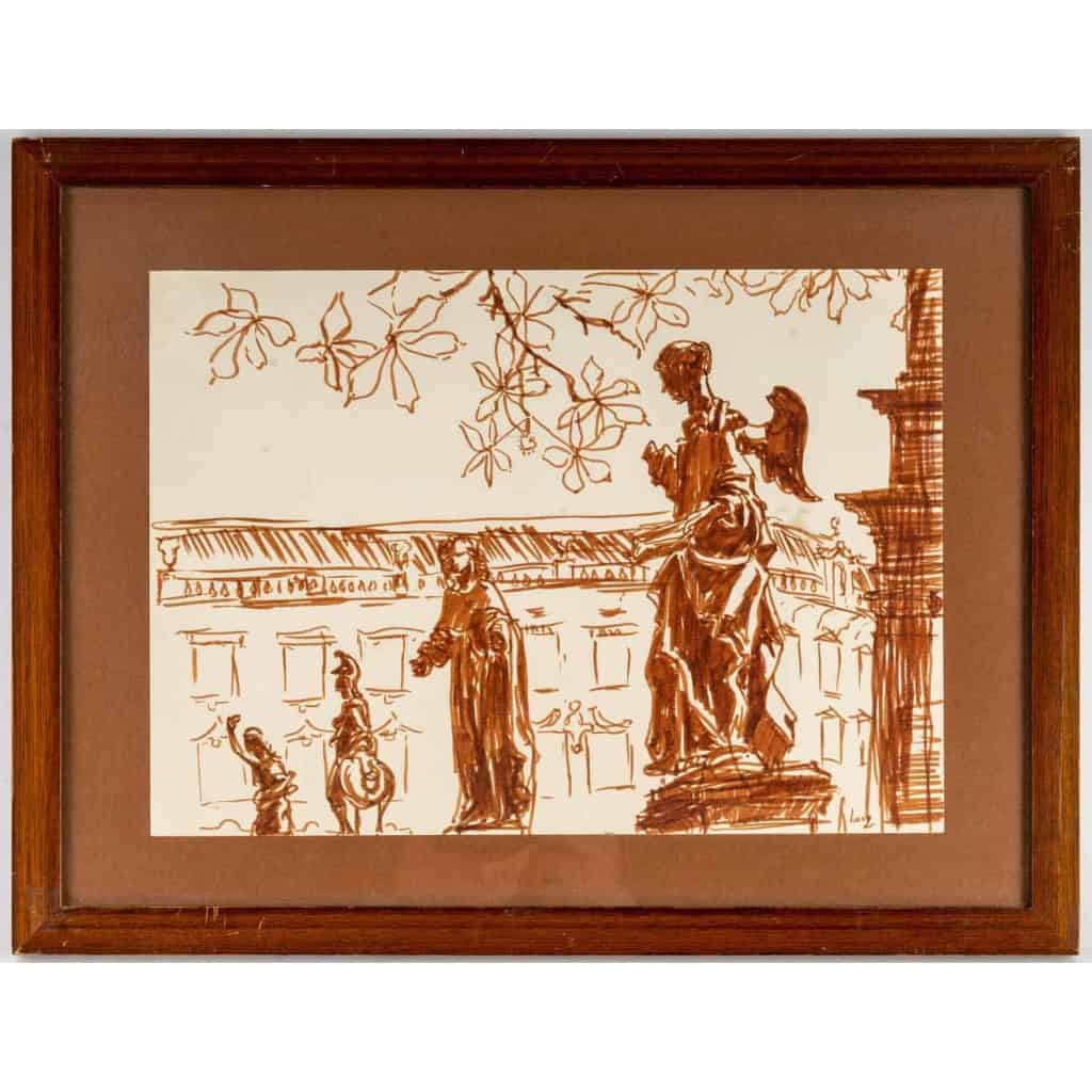 Dessin au feutre ocre de Luez, XXème siècle, représentant une suite de statues, encadré sous verre | Biron |||||||