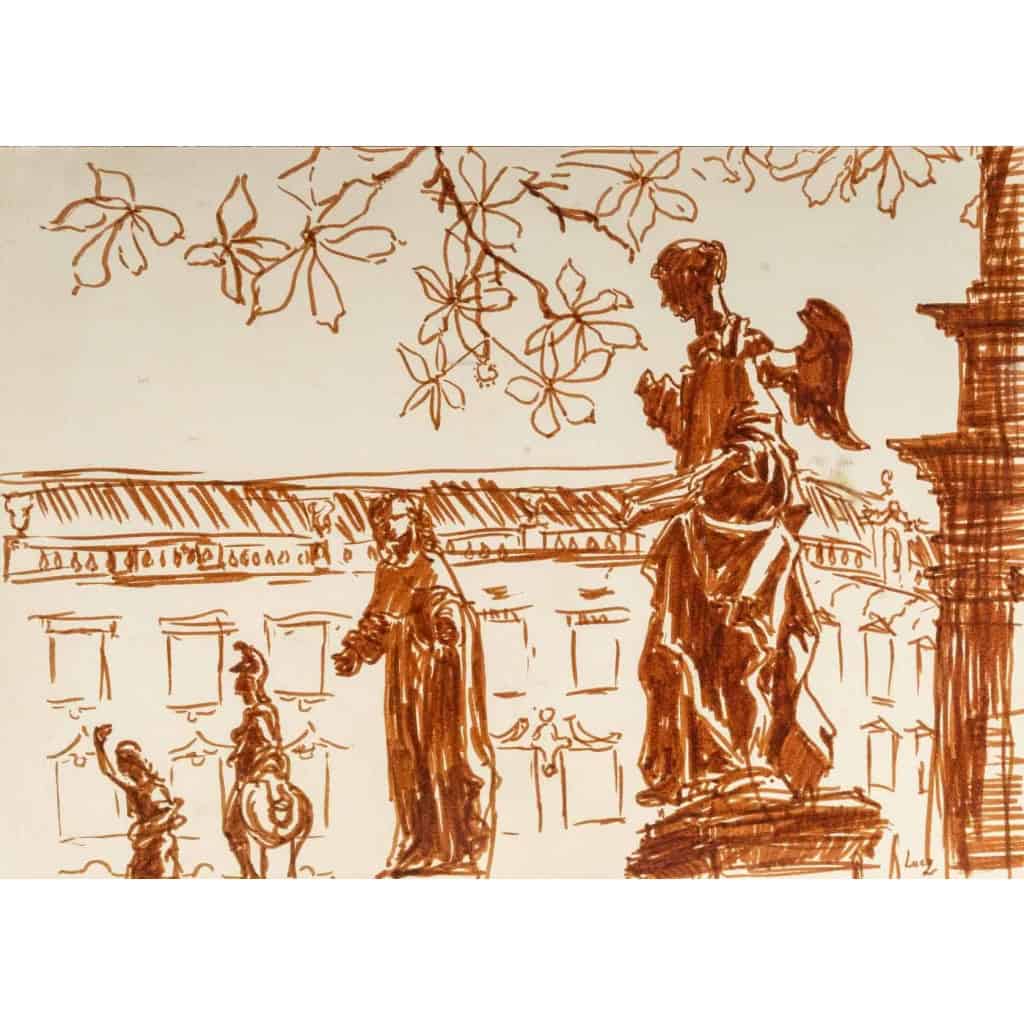 Dessin au feutre ocre de Luez, XXème siècle, représentant une suite de statues, encadré sous verre | Biron Dessin au feutre ocre de Luez, XXème siècle, représentant une suite de statues, encadré sous verre