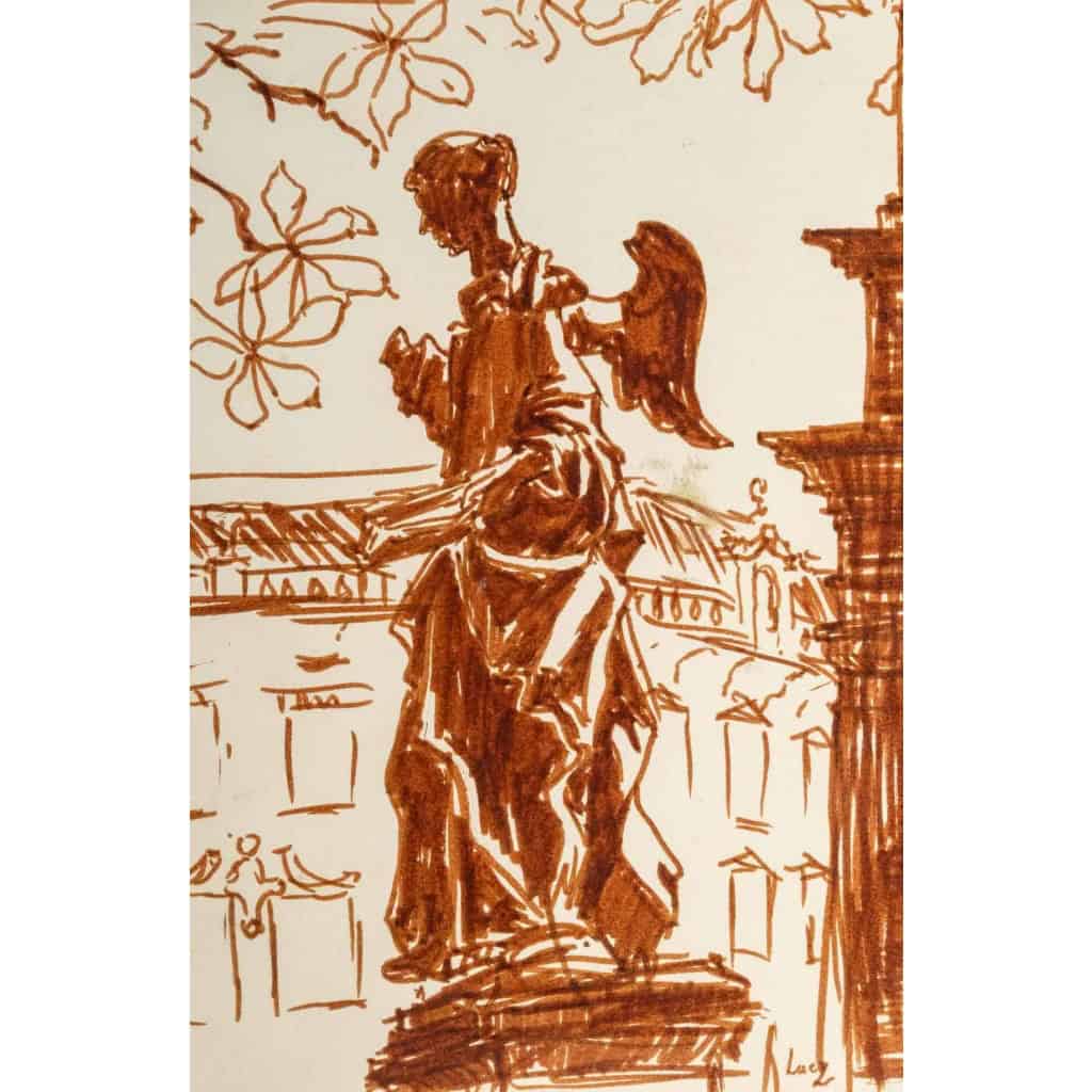 Dessin au feutre ocre de Luez, XXème siècle, représentant une suite de statues, encadré sous verre | Biron Dessin au feutre ocre de Luez, XXème siècle, représentant une suite de statues, encadré sous verre