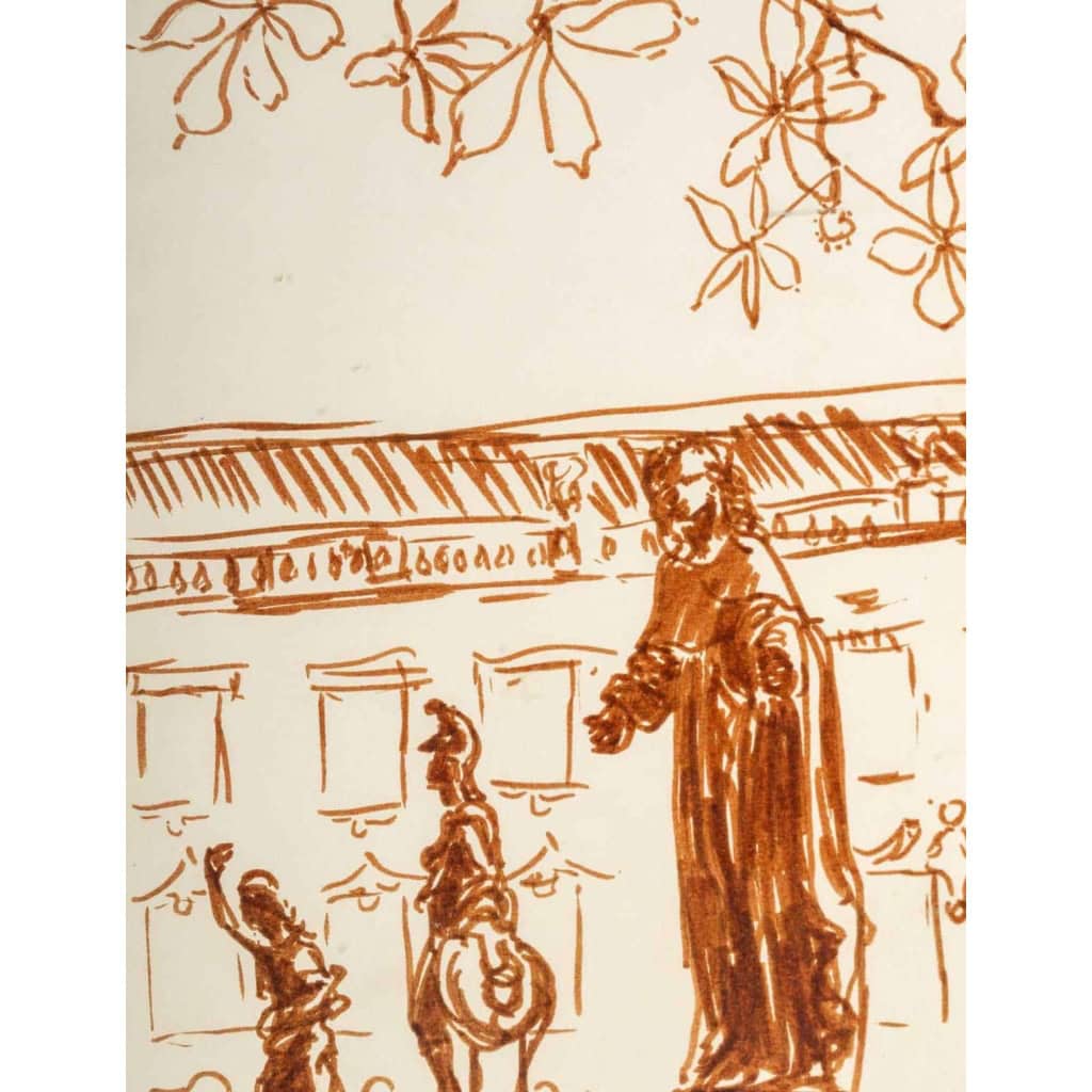 Dessin au feutre ocre de Luez, XXème siècle, représentant une suite de statues, encadré sous verre | Biron Dessin au feutre ocre de Luez, XXème siècle, représentant une suite de statues, encadré sous verre