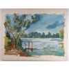 Peinture sur Papier, Paysage Laconique, Lac et campagne, Luez, année 1980. | Biron |||||||