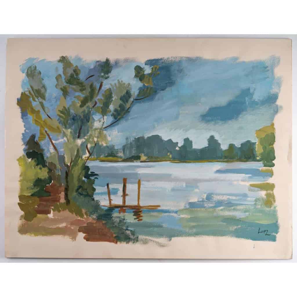 Peinture sur Papier, Paysage Laconique, Lac et campagne, Luez, année 1980. | Biron |||||||