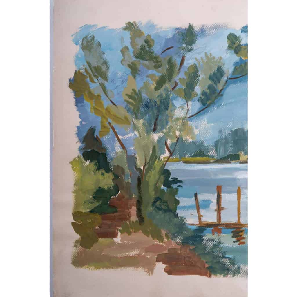 Peinture sur Papier, Paysage Laconique, Lac et campagne, Luez, année 1980. | Biron Peinture sur Papier, Paysage Laconique, Lac et campagne, Luez, année 1980.