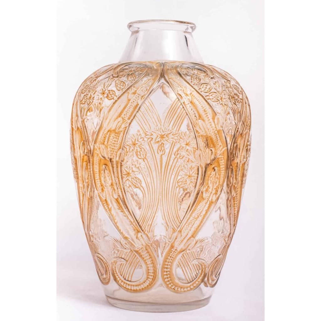 Vase « Lézards et Bluets » verre blanc patiné sépia de René LALIQUE | Biron ||||||||||||