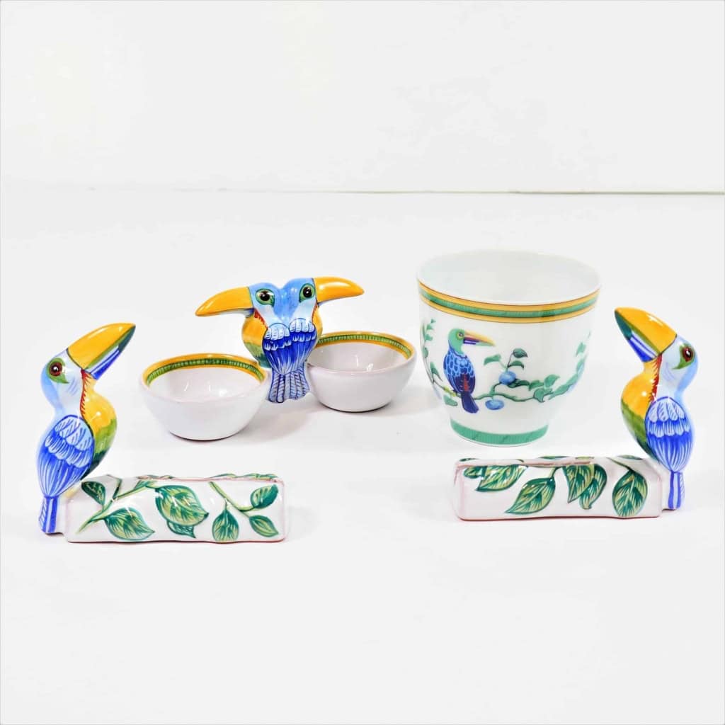 Hermes Paris « Toucans Moustiers », un saleron, 2 porte-menus, un gobelet | Biron ||