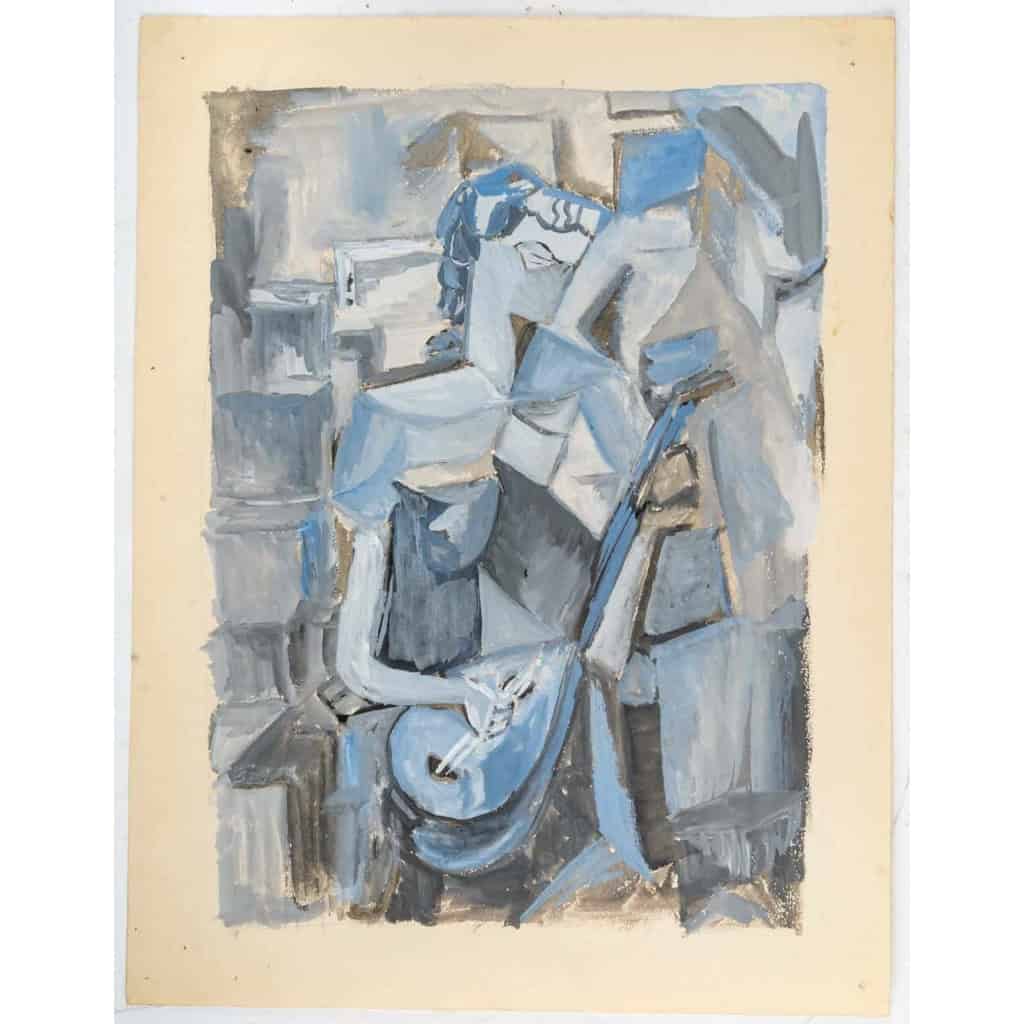 Huile sur Papier Cubiste Couleur Bleu, Femme à la mandoline, XX siècle. | Biron |||||