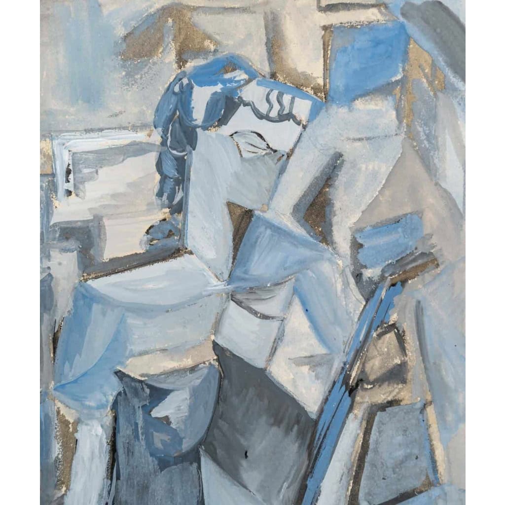 Huile sur Papier Cubiste Couleur Bleu, Femme à la mandoline, XX siècle. | Biron Huile sur Papier Cubiste Couleur Bleu, Femme à la mandoline, XX siècle.