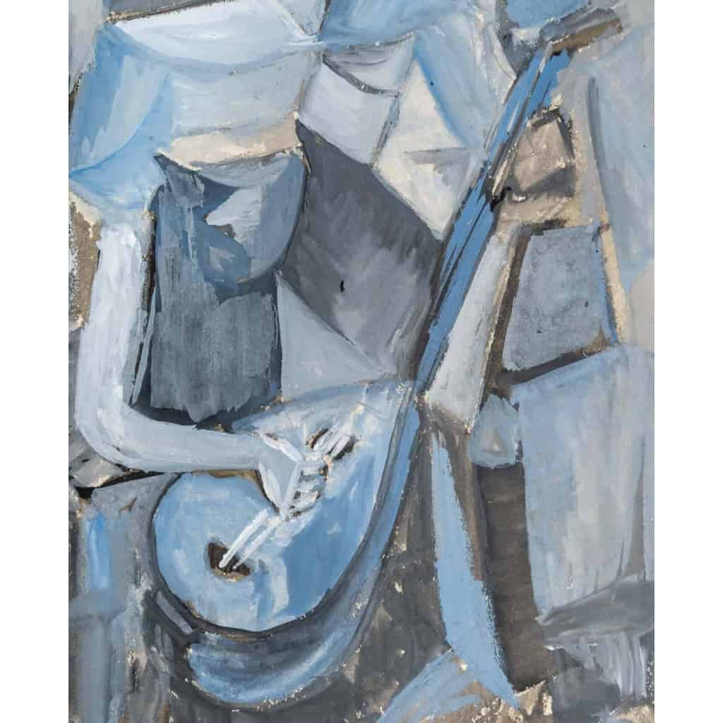 Huile sur Papier Cubiste Couleur Bleu, Femme à la mandoline, XX siècle. | Biron Huile sur Papier Cubiste Couleur Bleu, Femme à la mandoline, XX siècle.