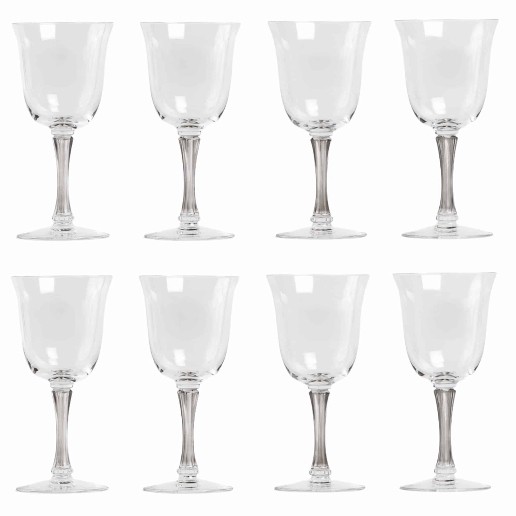 Suite de 8 six verres à liqueur « Barsac »verre blanc patiné gris de René LALIQUE | Biron |||||