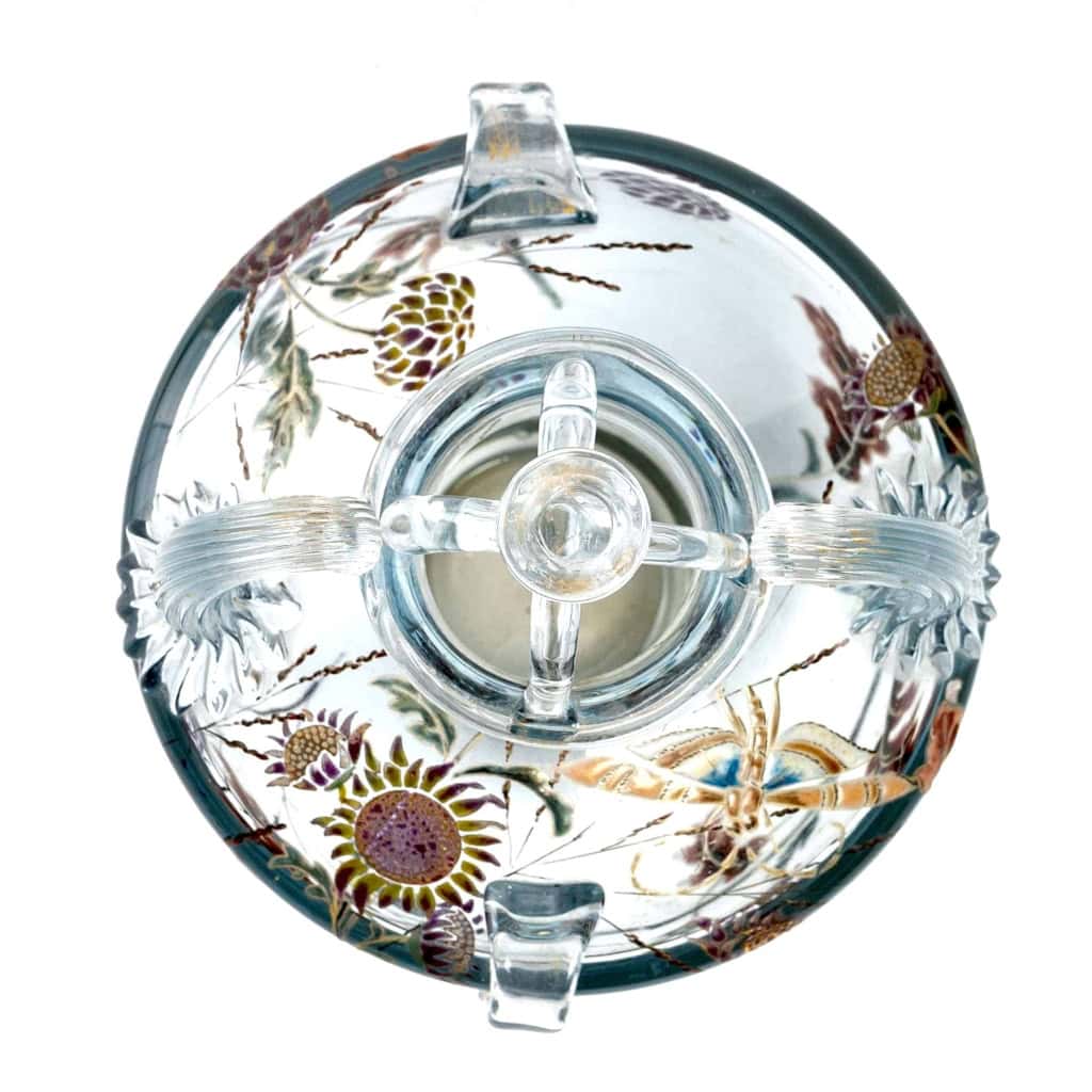 Vase Brûle-Parfums « Vol d’un Lépidoptère parmi des Gaillardes » verre clair de lune émaillé d’Emile Gallé | Biron Vase Brûle-Parfums "Vol d'un Lépidoptère parmi des Gaillardes" verre clair de lune émaillé d'Emile Gallé