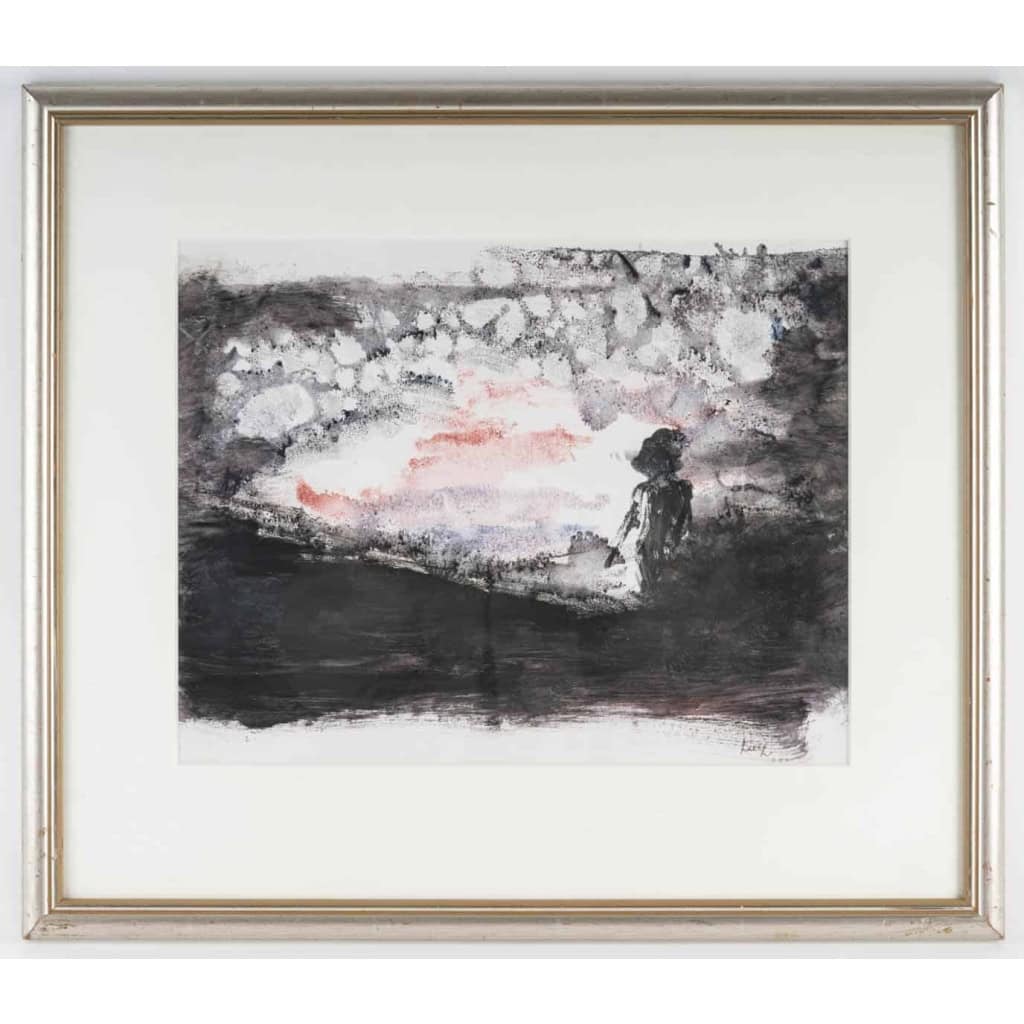 Monotype sur papier encadré sous verre, XXème siècle, signé Luez, figure au chapeau. | Biron ||||||