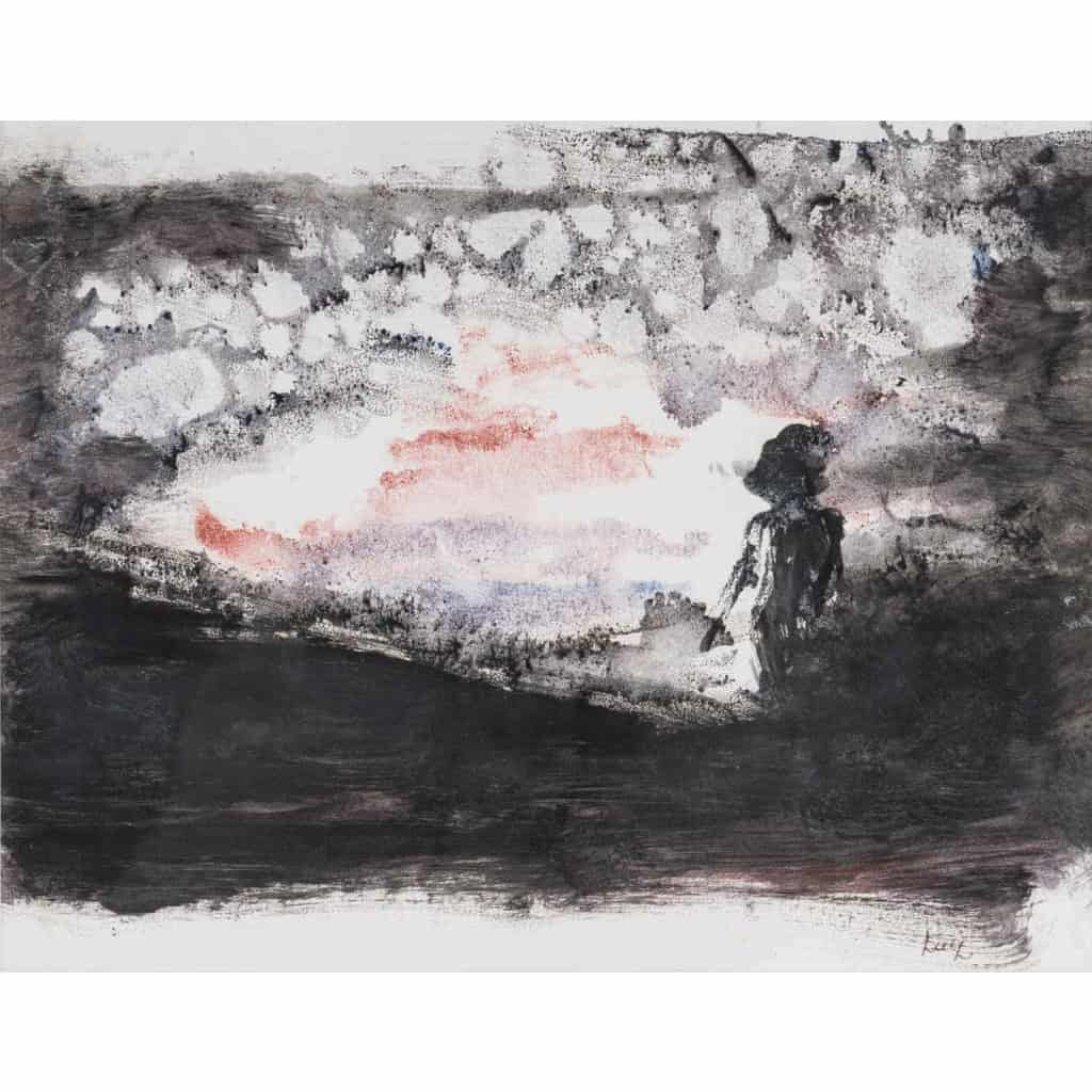 Monotype sur papier encadré sous verre, XXème siècle, signé Luez, figure au chapeau. | Biron Monotype sur papier encadré sous verre, XXème siècle, signé Luez, figure au chapeau.