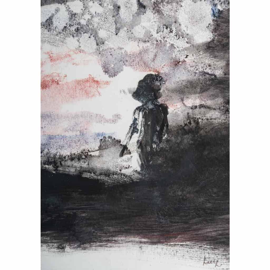 Monotype sur papier encadré sous verre, XXème siècle, signé Luez, figure au chapeau. | Biron Monotype sur papier encadré sous verre, XXème siècle, signé Luez, figure au chapeau.