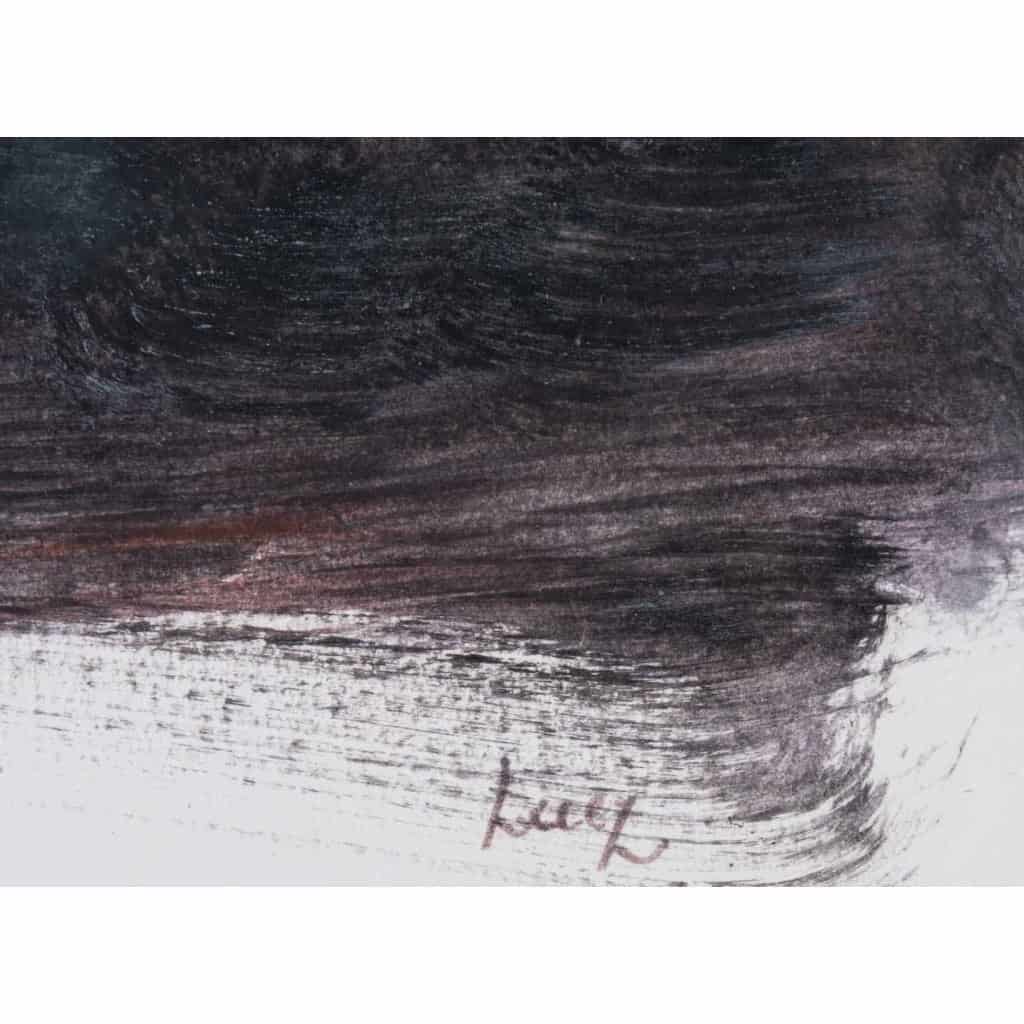 Monotype sur papier encadré sous verre, XXème siècle, signé Luez, figure au chapeau. | Biron Monotype sur papier encadré sous verre, XXème siècle, signé Luez, figure au chapeau.