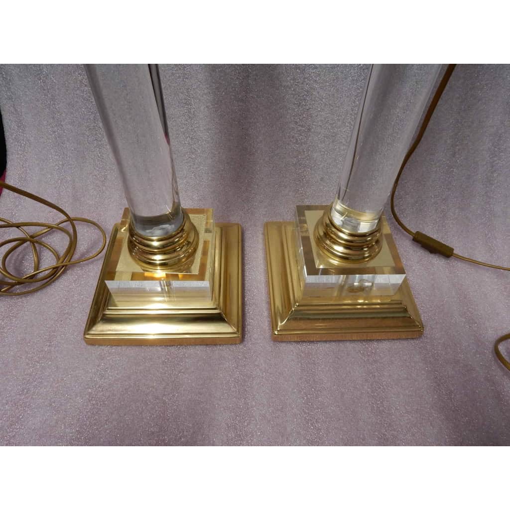 1970′ Paire De Lampes En Altuglass Et Laiton Doré