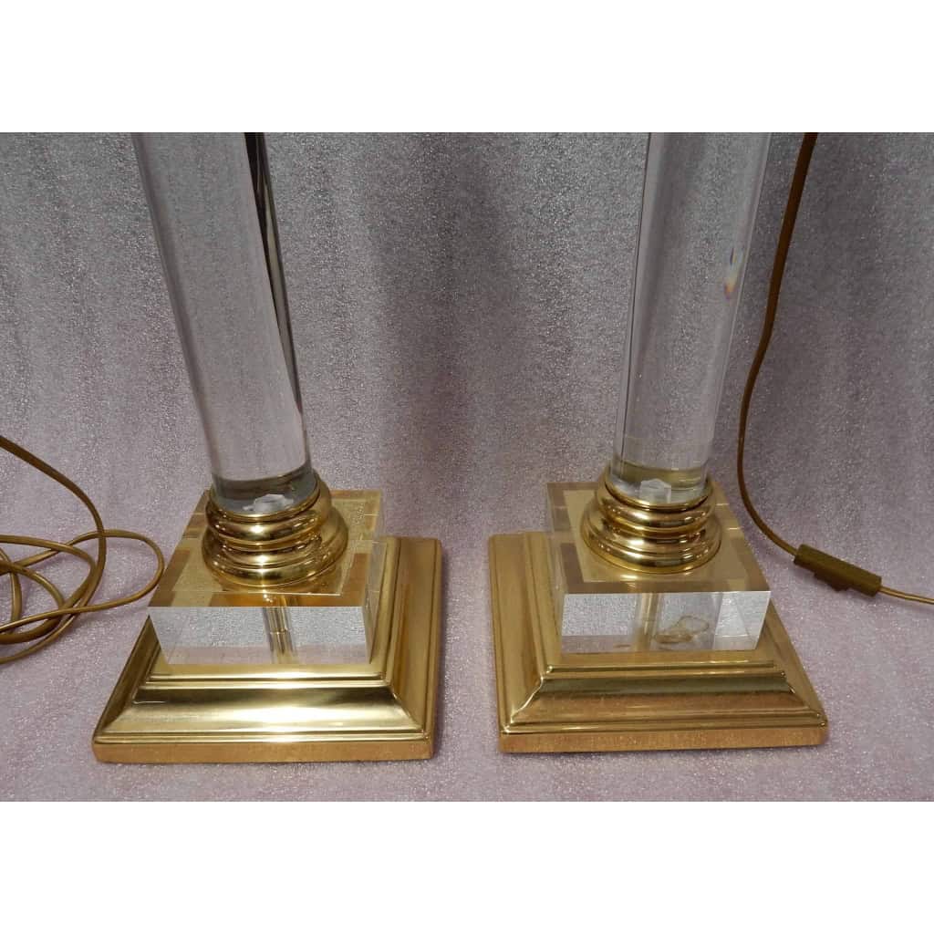 1970′ Paire De Lampes En Altuglass Et Laiton Doré
