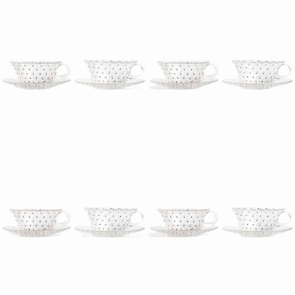 Suite de 8 Tasses et Soucoupes « Cactus » verre blanc émaillé noir de René LALIQUE | Biron ||||||||||