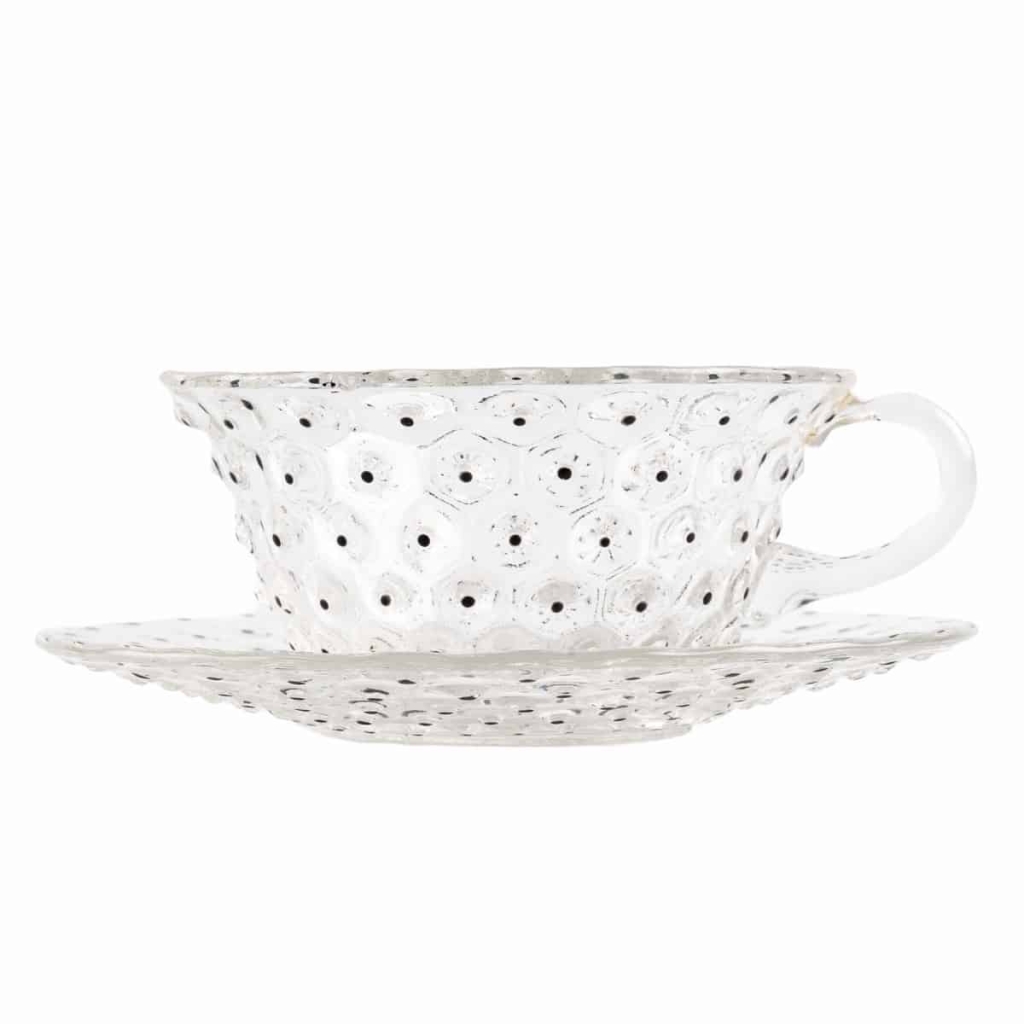 Suite de 8 Tasses et Soucoupes « Cactus » verre blanc émaillé noir de René LALIQUE | Biron Suite de 8 Tasses et Soucoupes "Cactus" verre blanc émaillé noir de René LALIQUE