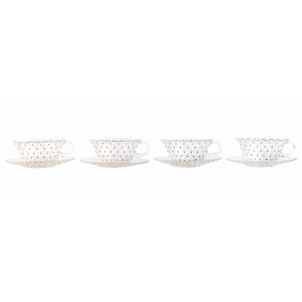 Suite de 8 Tasses et Soucoupes « Cactus » verre blanc émaillé noir de René LALIQUE | Biron Suite de 8 Tasses et Soucoupes "Cactus" verre blanc émaillé noir de René LALIQUE