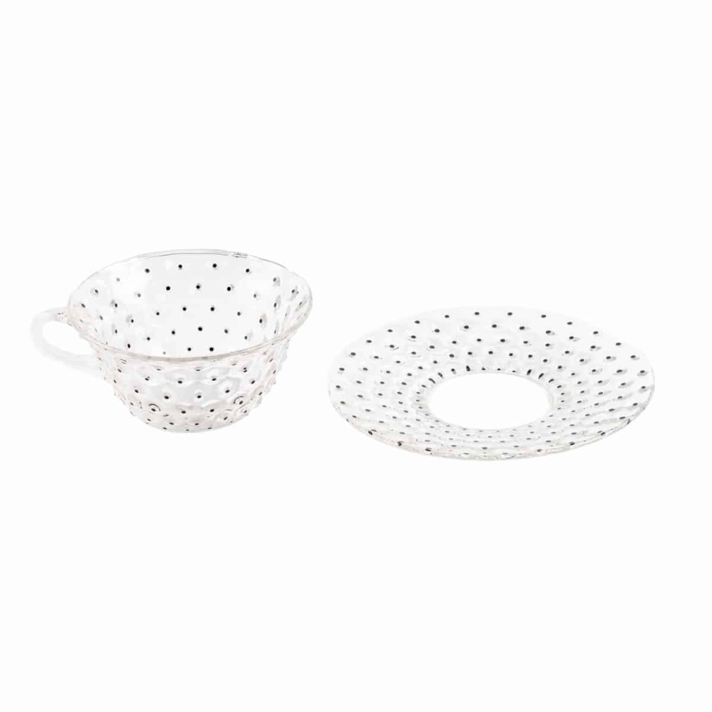 Suite de 8 Tasses et Soucoupes « Cactus » verre blanc émaillé noir de René LALIQUE | Biron Suite de 8 Tasses et Soucoupes "Cactus" verre blanc émaillé noir de René LALIQUE