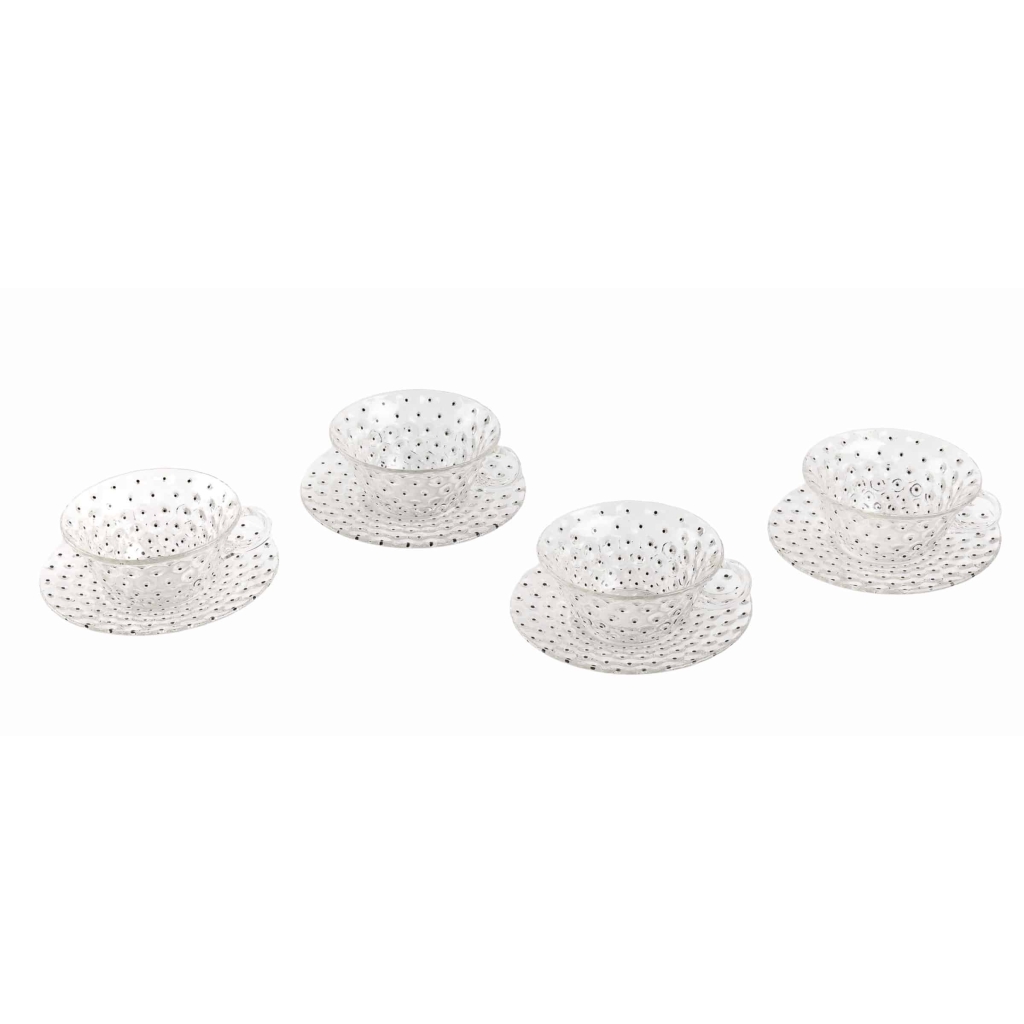 Suite de 8 Tasses et Soucoupes « Cactus » verre blanc émaillé noir de René LALIQUE | Biron Suite de 8 Tasses et Soucoupes "Cactus" verre blanc émaillé noir de René LALIQUE