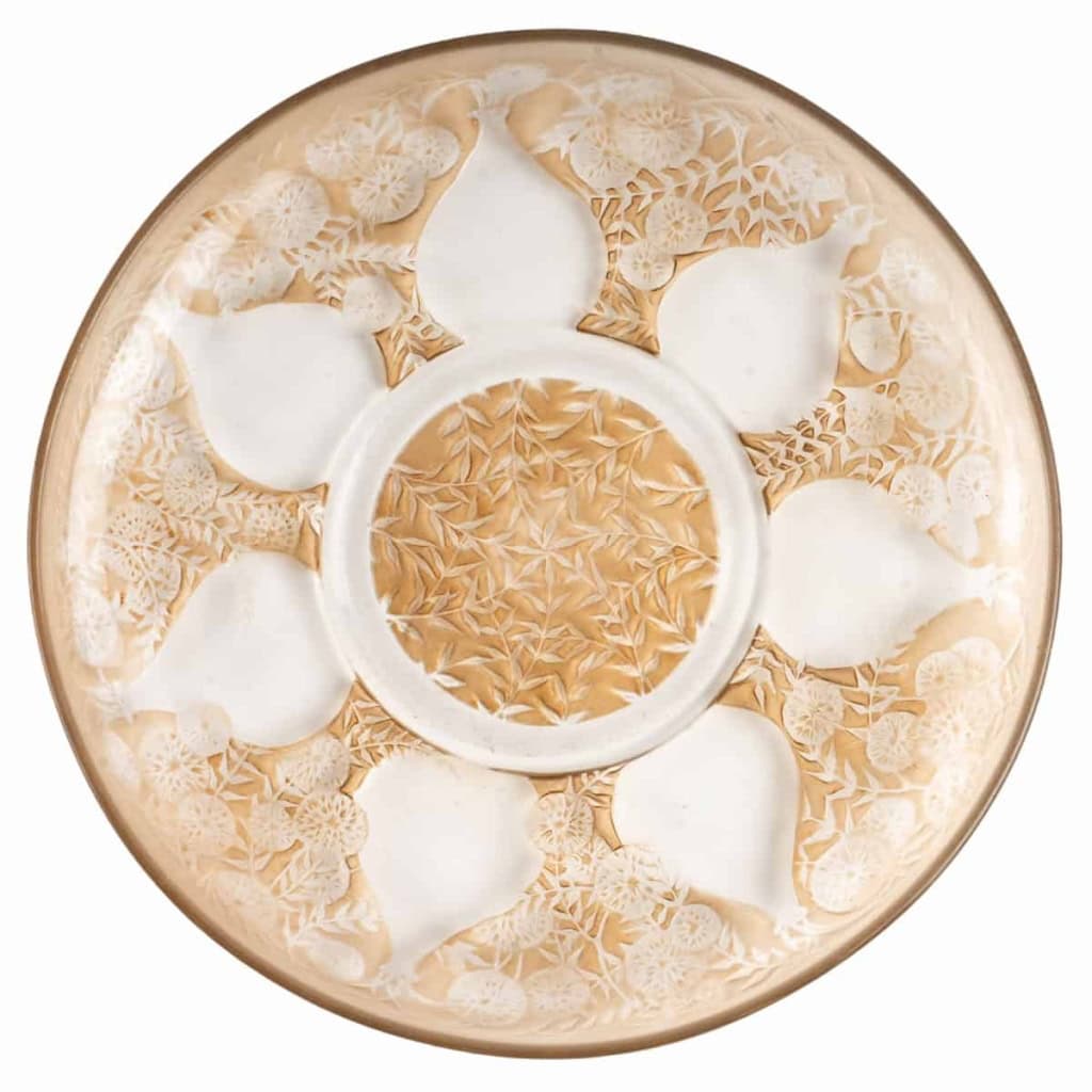 Coupe Plat « Vases De Fleurs » verre blanc patiné sépia de René LALIQUE 2