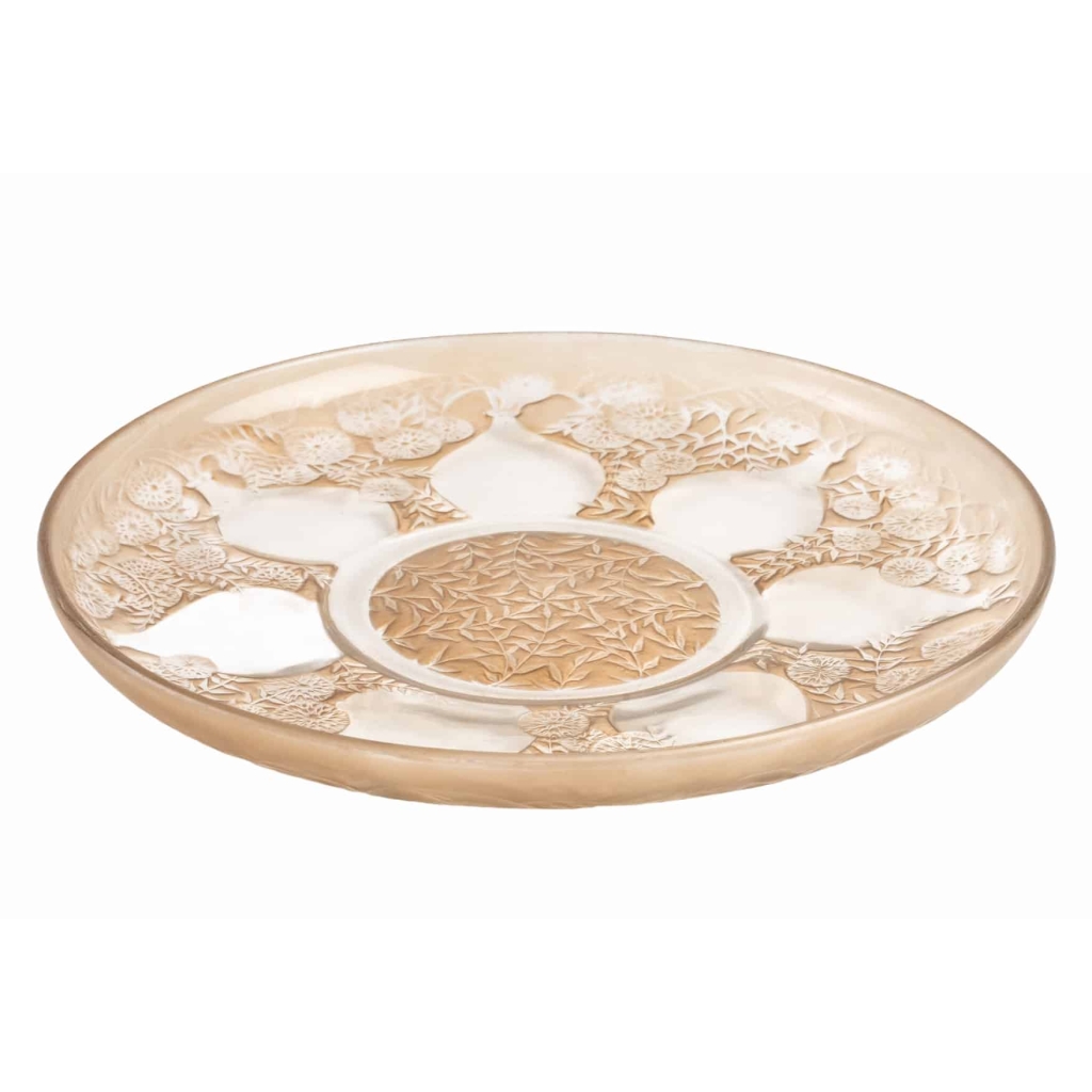 Coupe Plat « Vases De Fleurs » verre blanc patiné sépia de René LALIQUE 5