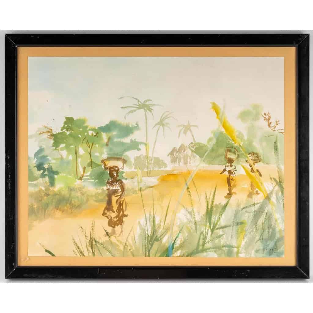 Aquarelle sur Papier de Luez, Paysage Africain, encadré sous verre, XXème siècle. | Biron |||||||