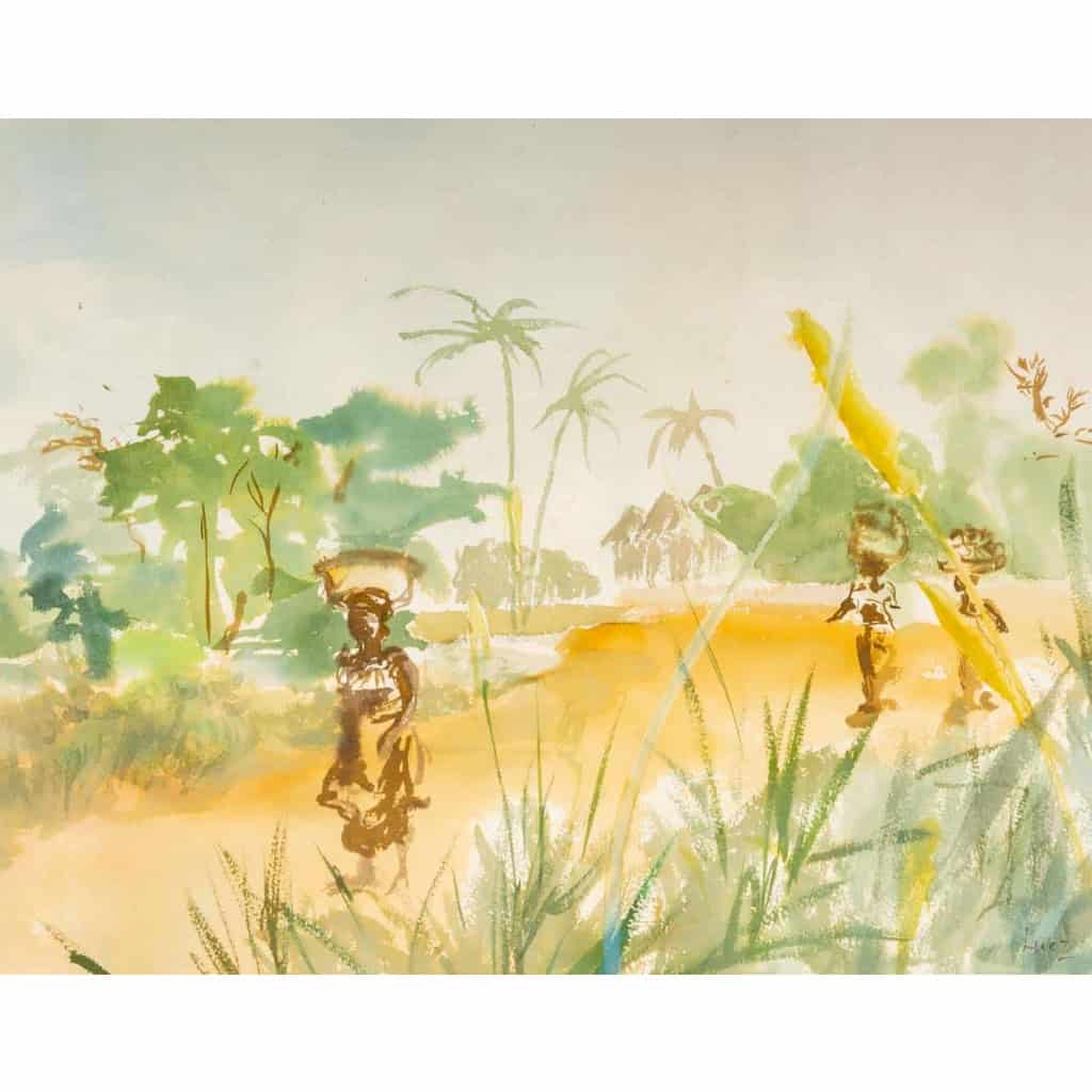 Aquarelle sur Papier de Luez, Paysage Africain, encadré sous verre, XXème siècle. | Biron Aquarelle sur Papier de Luez, Paysage Africain, encadré sous verre, XXème siècle.