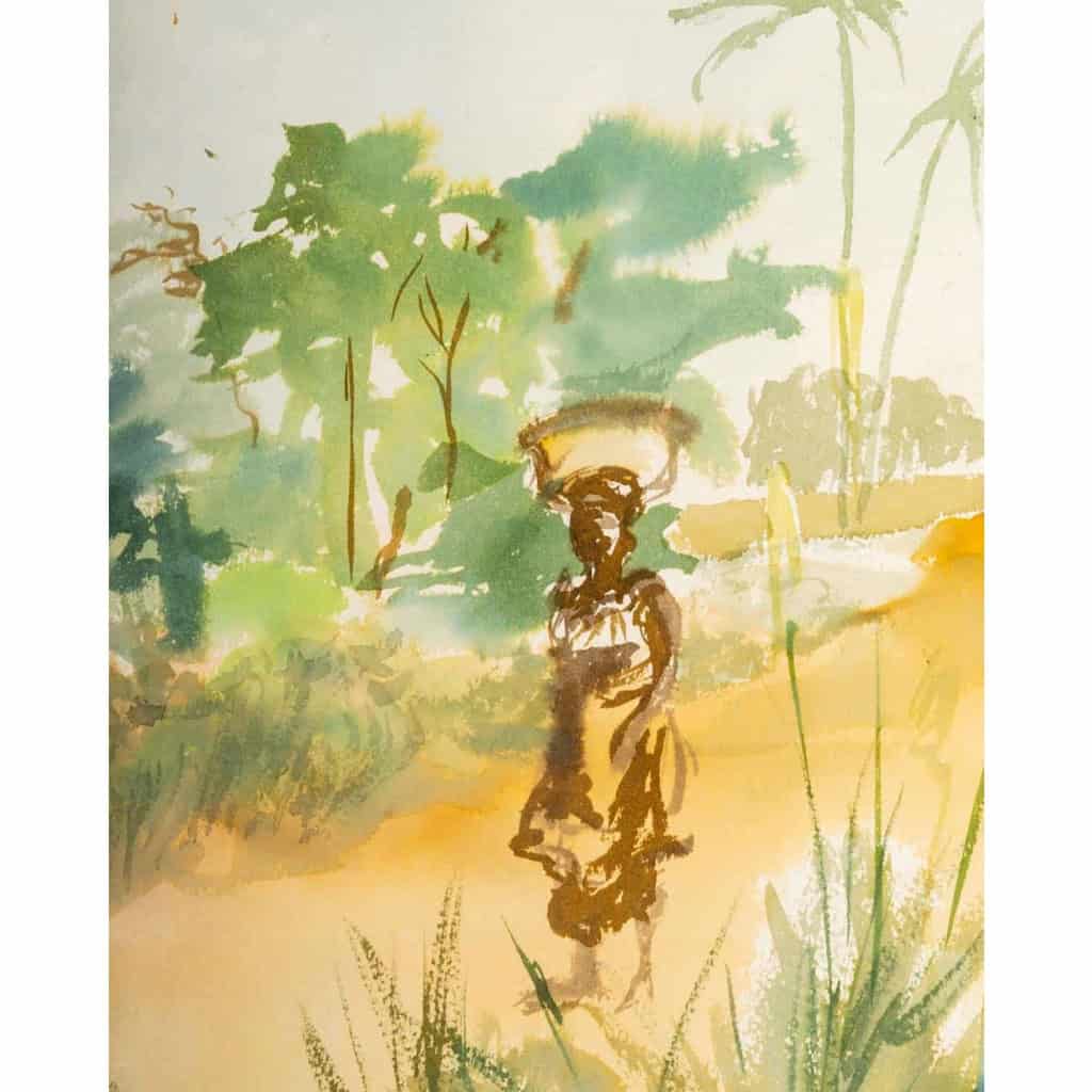 Aquarelle sur Papier de Luez, Paysage Africain, encadré sous verre, XXème siècle. | Biron Aquarelle sur Papier de Luez, Paysage Africain, encadré sous verre, XXème siècle.