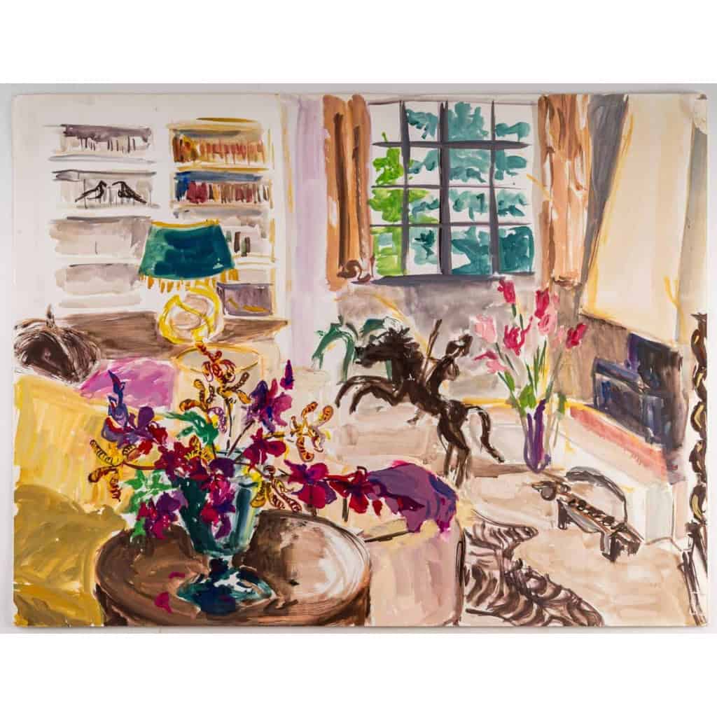 Peinture sur Papier, Intérieur d’une Maison Bourgeoise avec beau bouquet de fleurs, Luez, 1990 | Biron |||||||