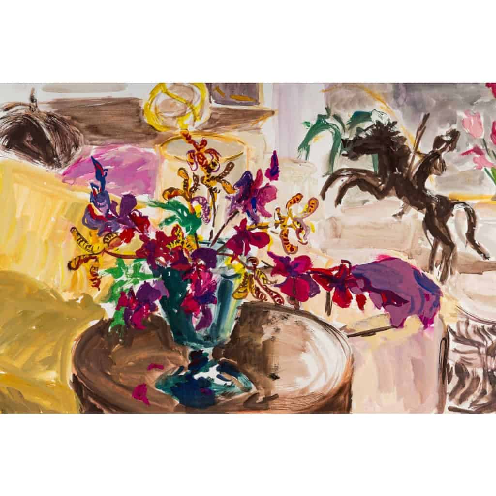 Peinture sur Papier, Intérieur d’une Maison Bourgeoise avec beau bouquet de fleurs, Luez, 1990 | Biron Peinture sur Papier, Intérieur d'une Maison Bourgeoise avec beau bouquet de fleurs, Luez, 1990