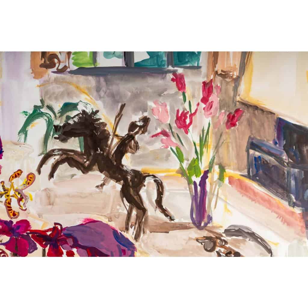 Peinture sur Papier, Intérieur d’une Maison Bourgeoise avec beau bouquet de fleurs, Luez, 1990 | Biron Peinture sur Papier, Intérieur d'une Maison Bourgeoise avec beau bouquet de fleurs, Luez, 1990
