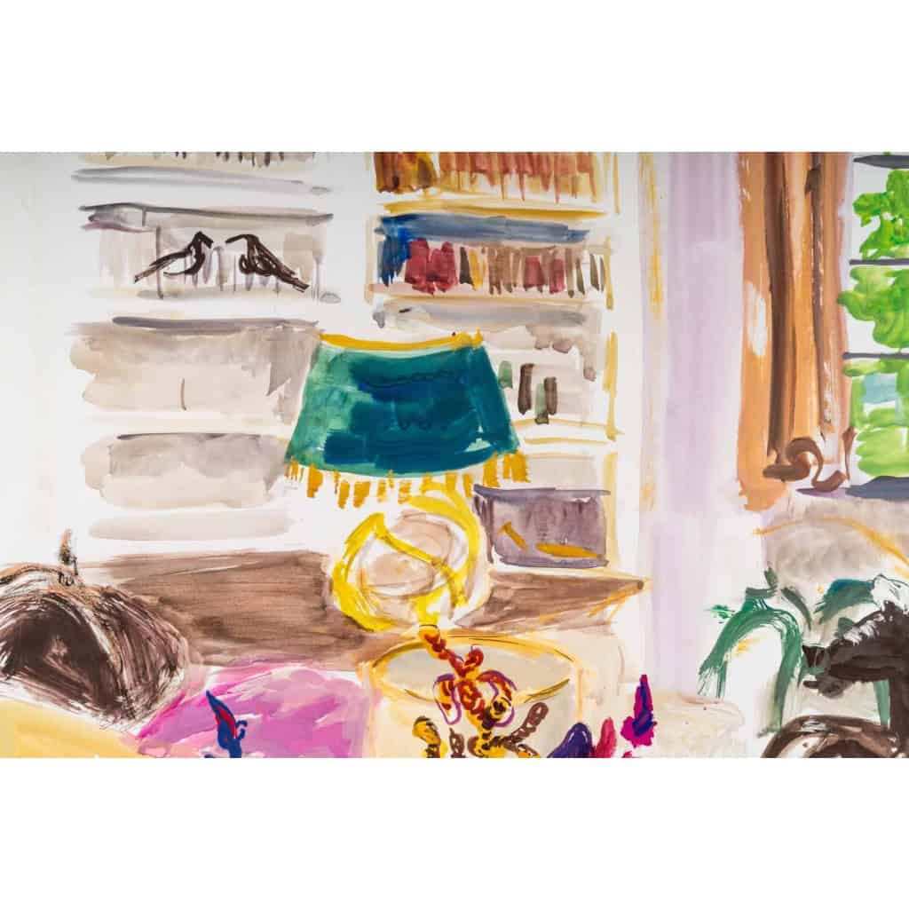 Peinture sur Papier, Intérieur d’une Maison Bourgeoise avec beau bouquet de fleurs, Luez, 1990 | Biron Peinture sur Papier, Intérieur d'une Maison Bourgeoise avec beau bouquet de fleurs, Luez, 1990