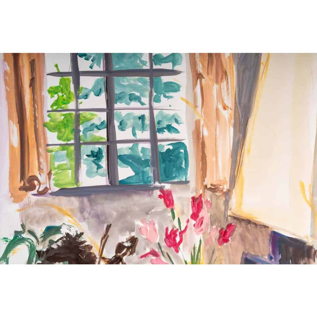 Peinture sur Papier, Intérieur d’une Maison Bourgeoise avec beau bouquet de fleurs, Luez, 1990 | Biron Peinture sur Papier, Intérieur d'une Maison Bourgeoise avec beau bouquet de fleurs, Luez, 1990