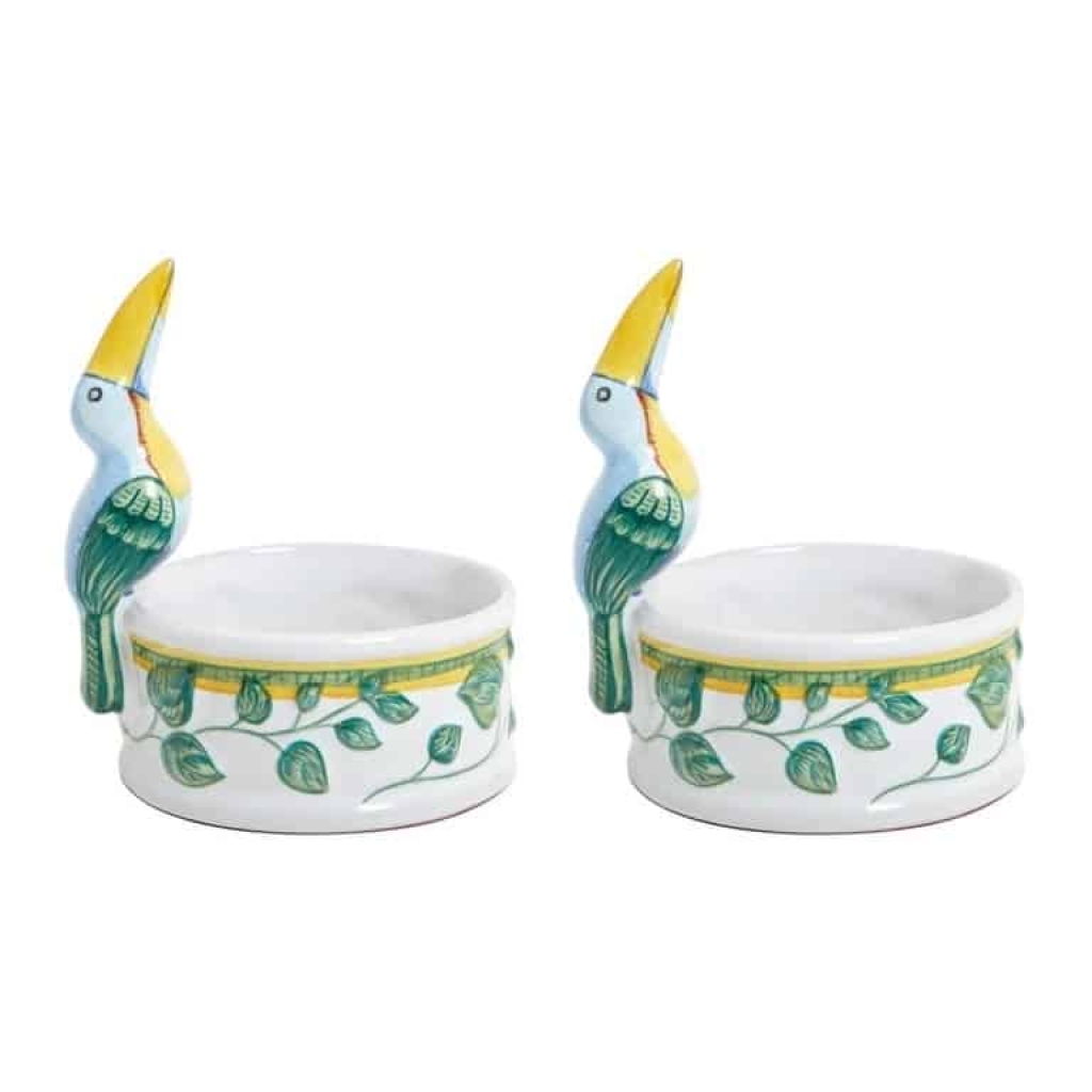Hermes & Moustiers, paire de bougeoirs « Toucans » en faïence polychrome 2