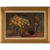 Huile sur toile encadrée, milieu XXème, bouquet de fleurs jaune et troubadour | Biron |||||||