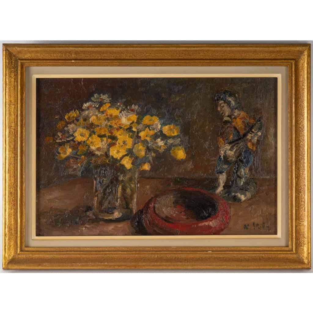 Huile sur toile encadrée, milieu XXème, bouquet de fleurs jaune et troubadour | Biron |||||||