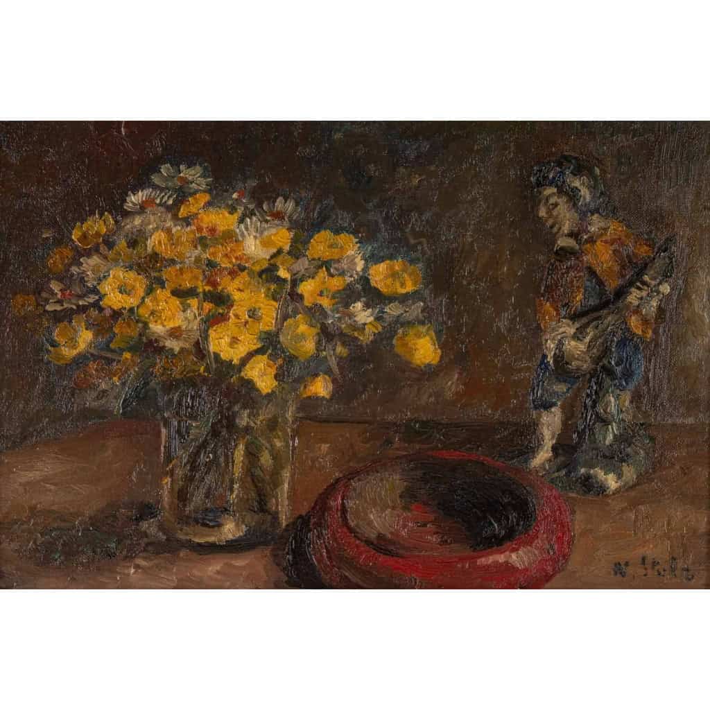 Huile sur toile encadrée, milieu XXème, bouquet de fleurs jaune et troubadour | Biron Huile sur toile encadrée, milieu XXème, bouquet de fleurs jaune et troubadour