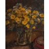 Huile sur toile encadrée, milieu XXème, bouquet de fleurs jaune et troubadour | Biron Huile sur toile encadrée, milieu XXème, bouquet de fleurs jaune et troubadour
