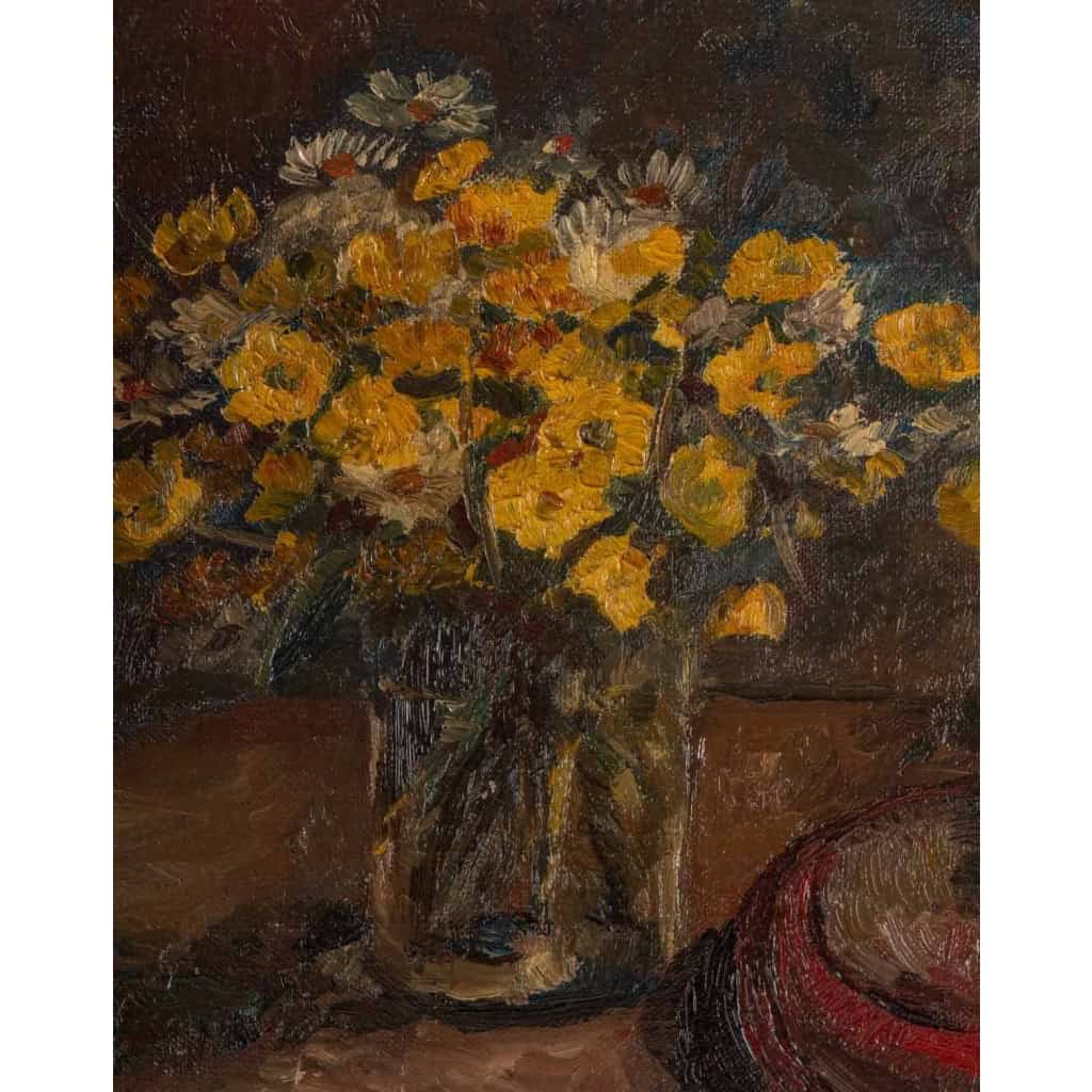 Huile sur toile encadrée, milieu XXème, bouquet de fleurs jaune et troubadour | Biron Huile sur toile encadrée, milieu XXème, bouquet de fleurs jaune et troubadour