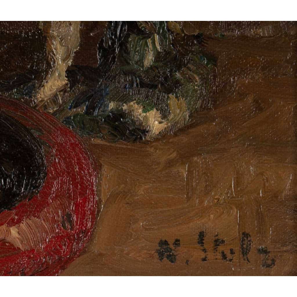 Huile sur toile encadrée, milieu XXème, bouquet de fleurs jaune et troubadour | Biron Huile sur toile encadrée, milieu XXème, bouquet de fleurs jaune et troubadour