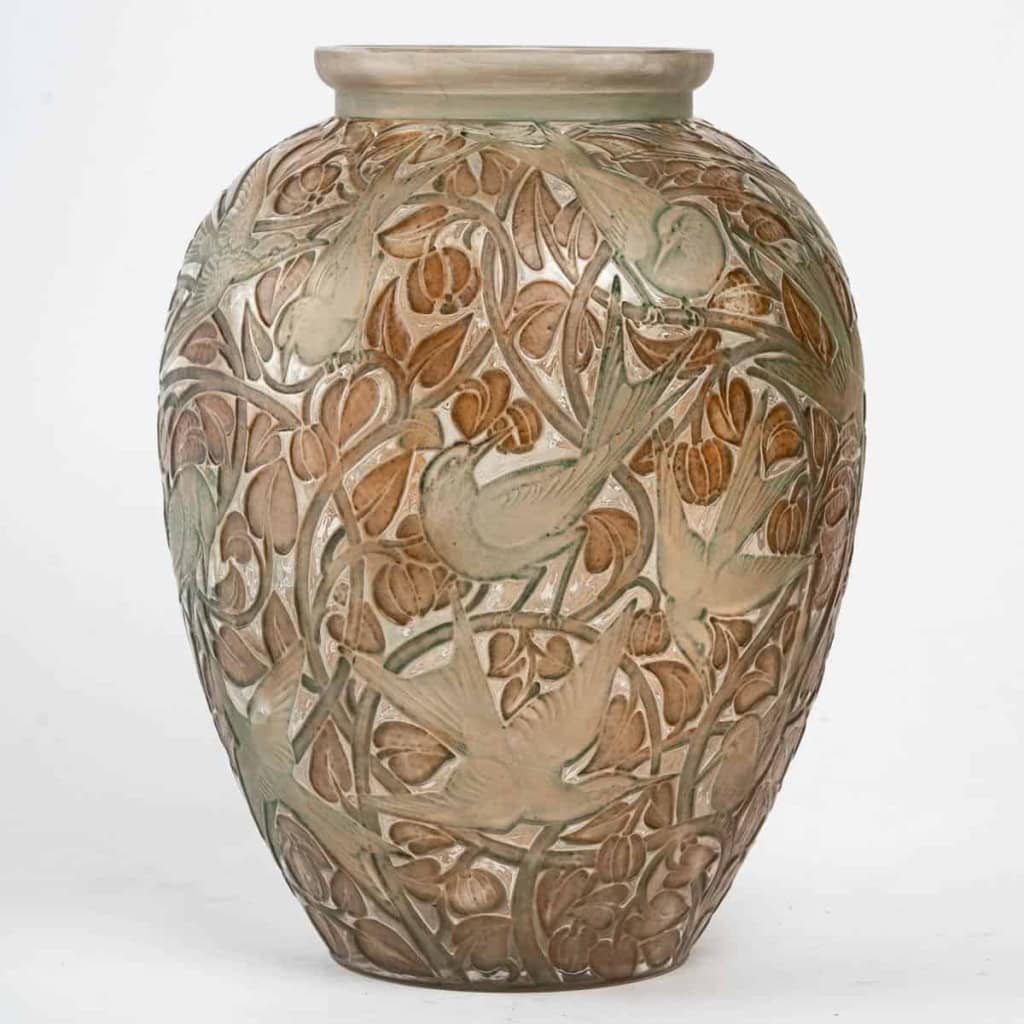 Vase « Martin Pêcheurs » verre blanc patiné vert et sépia de René LALIQUE | Biron |||||||||||