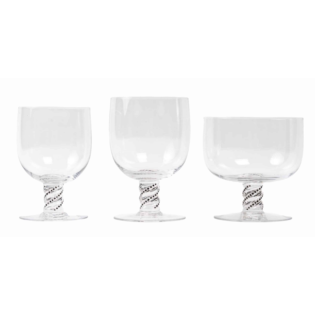 Service « Beaune » verre blanc émaillé noir d’origine – 24 Pièces de René LALIQUE | Biron |||||||||