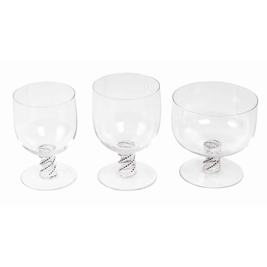 Service « Beaune » verre blanc émaillé noir d’origine – 24 Pièces de René LALIQUE | Biron Service "Beaune" verre blanc émaillé noir d'origine - 24 Pièces de René LALIQUE
