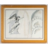 Intérieur d’Eglise avec un Ange, dessin et aquarelle sur papier, encadrée sous-verre, XXème siècle. Ecole de Paris, Luez | Biron |||||||