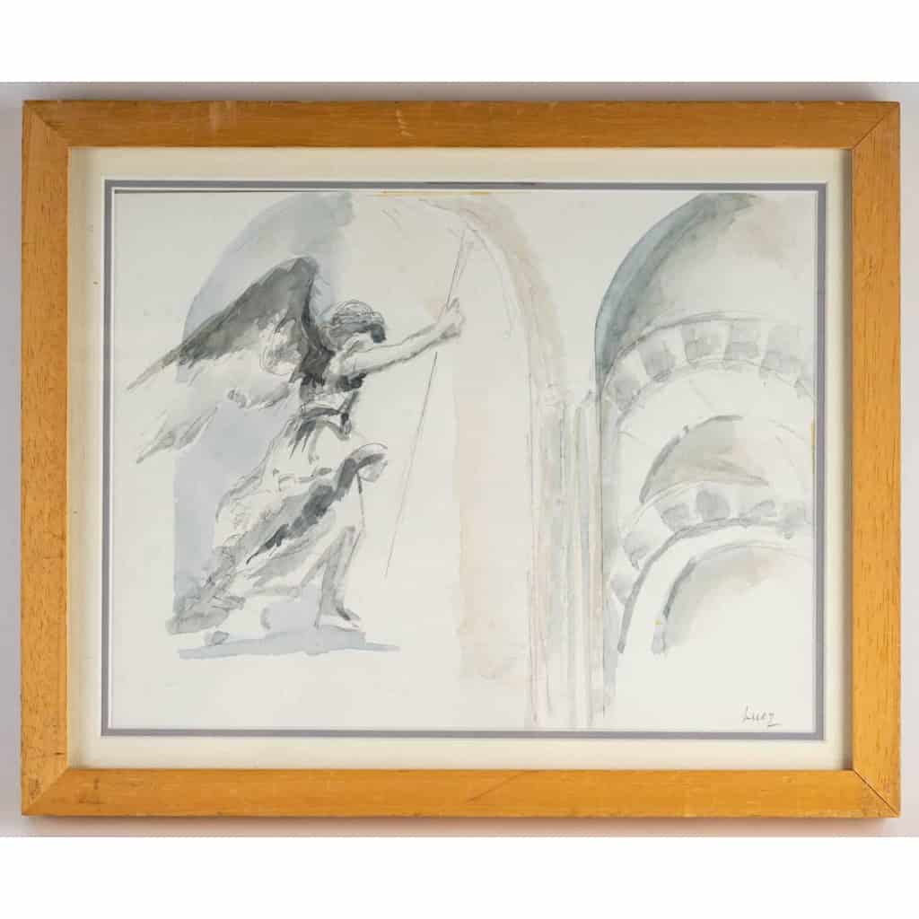 Intérieur d’Eglise avec un Ange, dessin et aquarelle sur papier, encadrée sous-verre, XXème siècle. Ecole de Paris, Luez | Biron |||||||