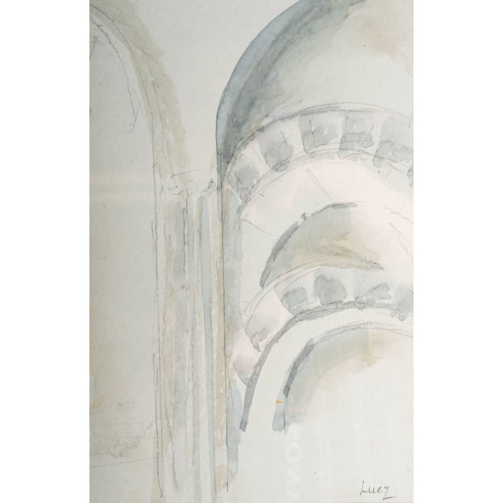 Intérieur d’Eglise avec un Ange, dessin et aquarelle sur papier, encadrée sous-verre, XXème siècle. Ecole de Paris, Luez | Biron Intérieur d'Eglise avec un Ange, dessin et aquarelle sur papier, encadrée sous-verre, XXème siècle. Ecole de Paris, Luez